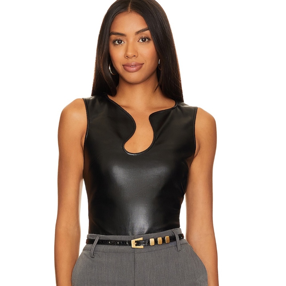 Amanda Uprichard Sleeveless Leather Puzzle Tank Top in Black